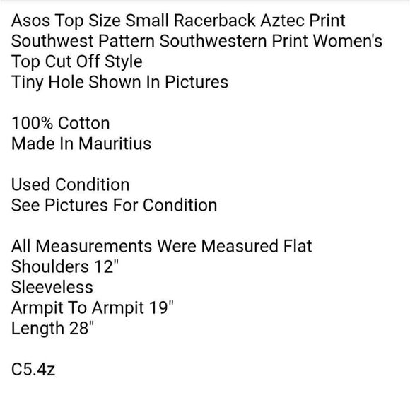 Asos Top Size Small Racerback Aztec Print Southwest Pattern Southwestern Print - Picture 5 of 5